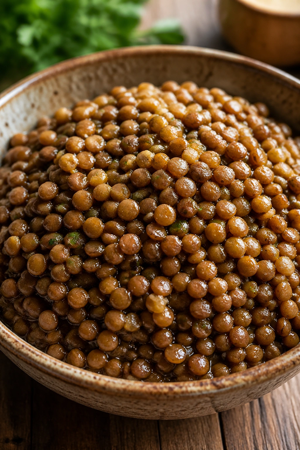 Close-up of cooked lentils in a bowl with herbs in the background