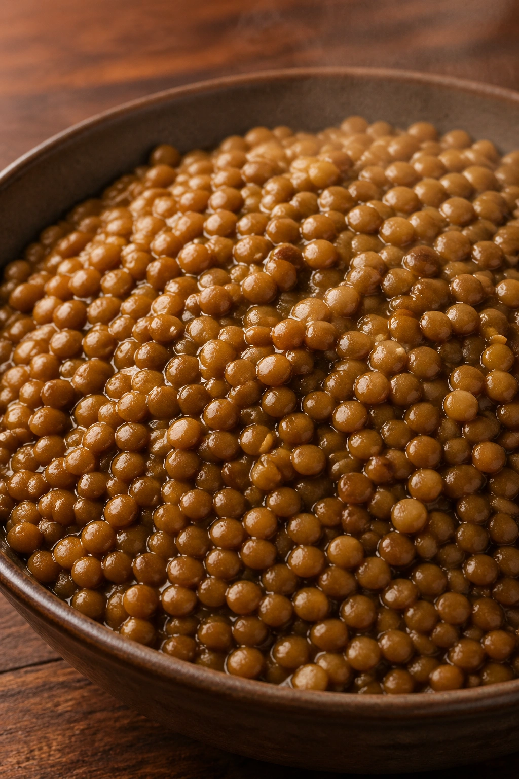 Bowl of cooked lentils filling frame on wooden table
