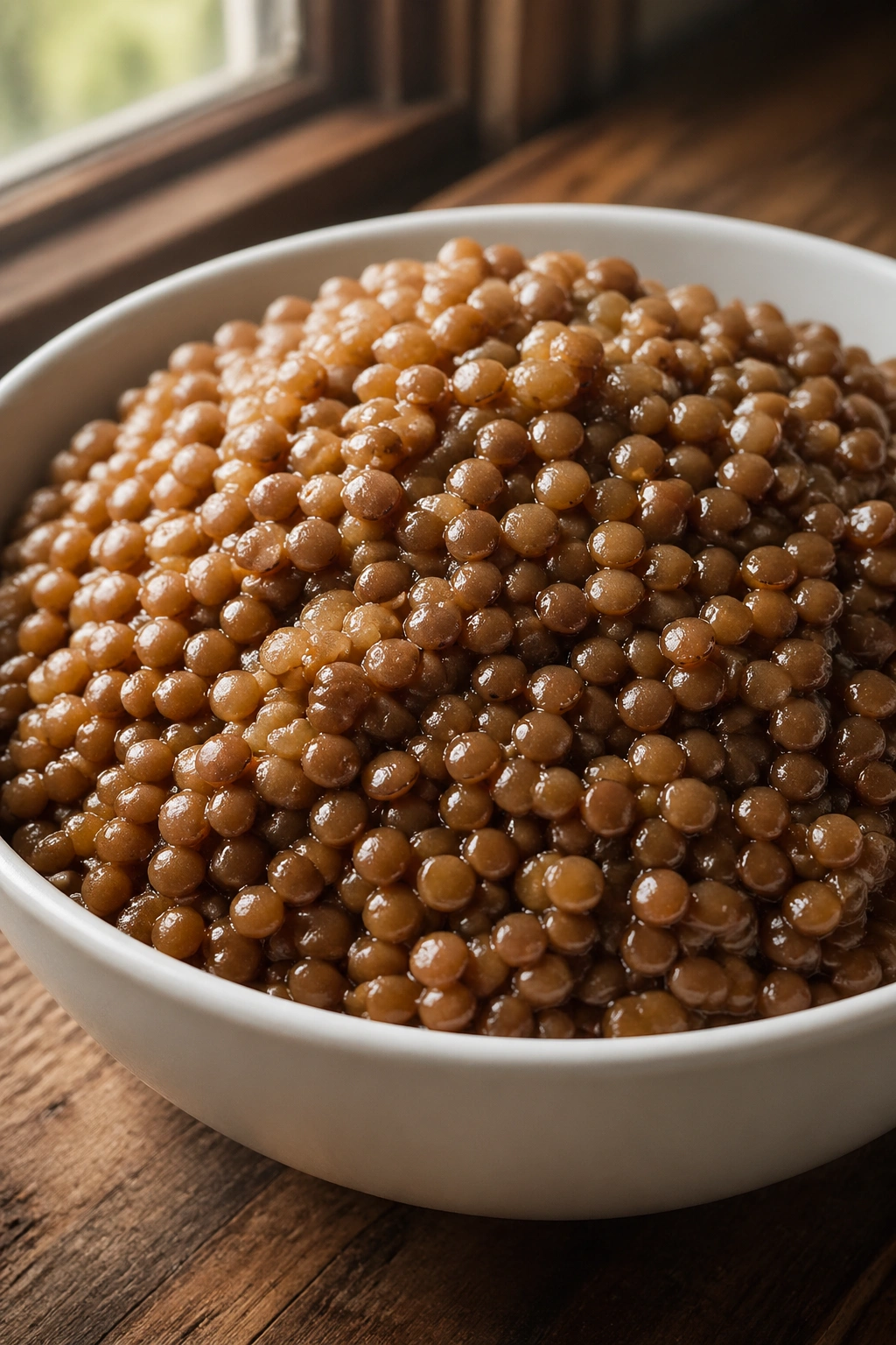 Close-up of cooked brown lentils in a bowl on a rustic kitchen counter