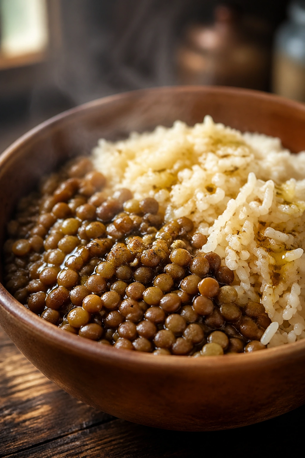 Close-up of a lentils and rice bowl in a warm kitchen, post-workout recovery meal