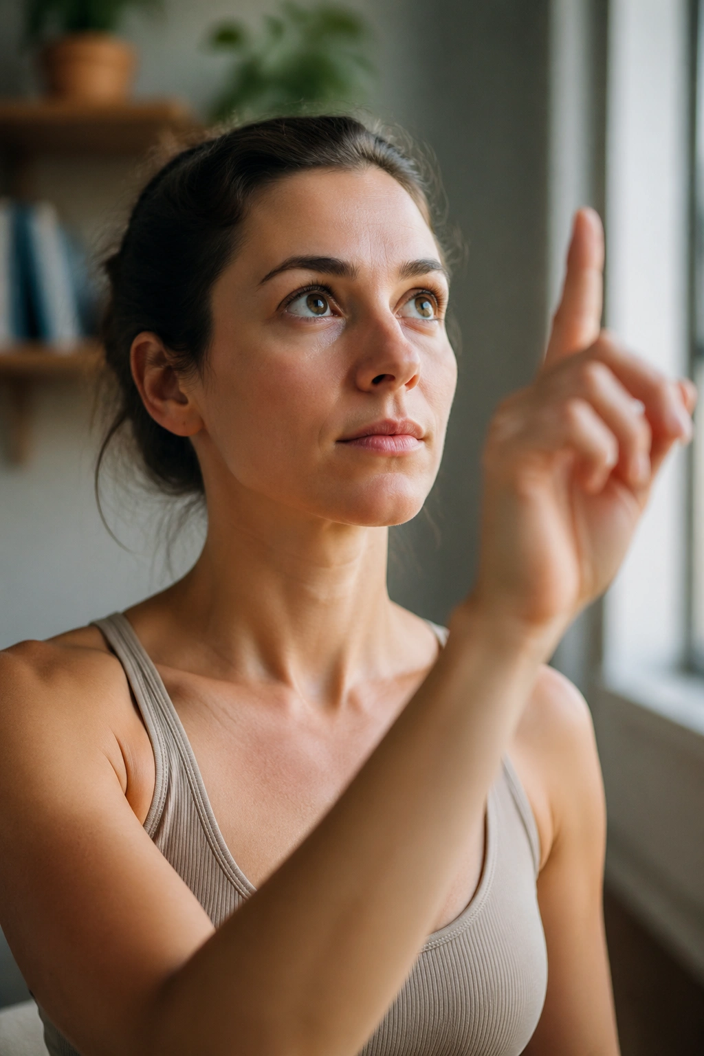 Close-up of a person performing eye tracing with the eyes following invisible shapes indoors in a calm home study