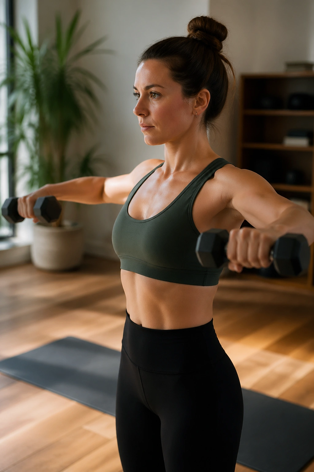 Close-up of a person lifting light dumbbells with strong shoulder and upper back engagement in a home gym