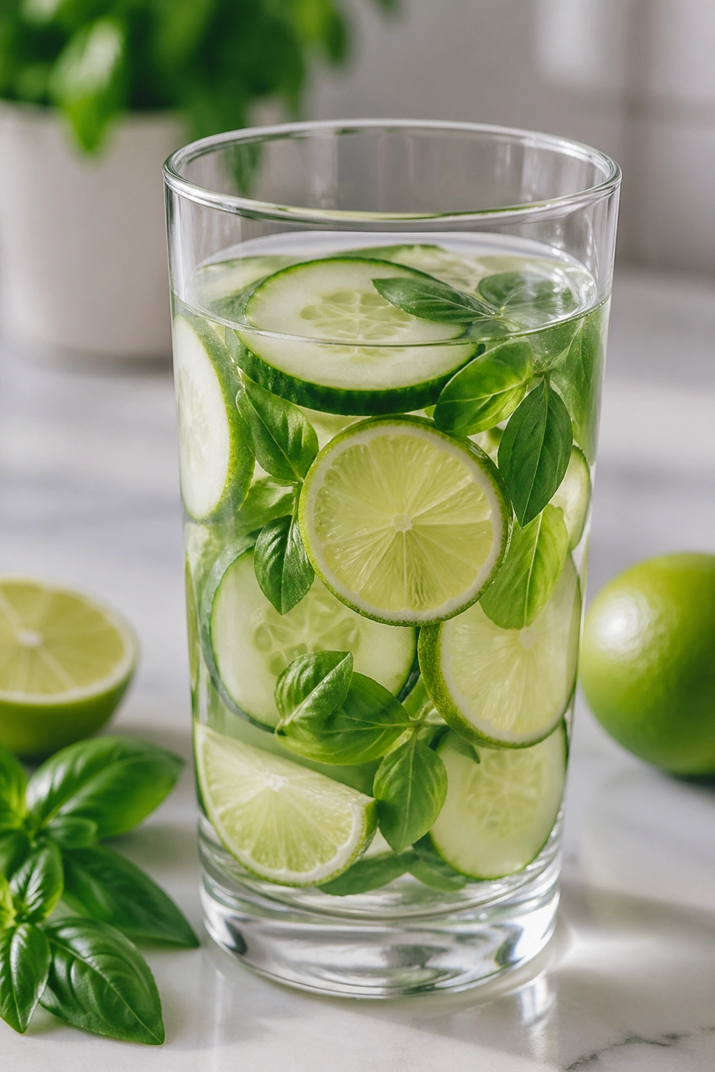 Close-up of lime basil cucumber water in a glass