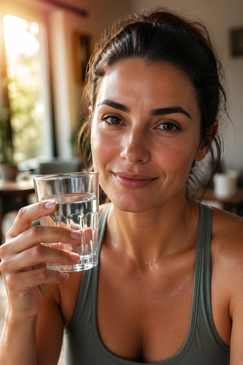 Close-up portrait of a real person choosing water over alcohol to limit belly fat.