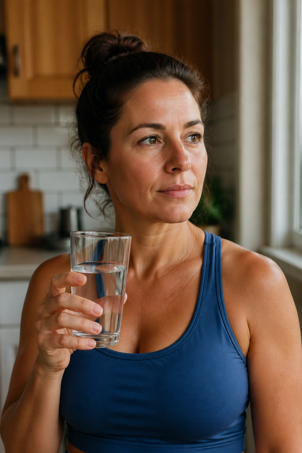 Close-up of a real person choosing water over alcohol to limit belly fat.