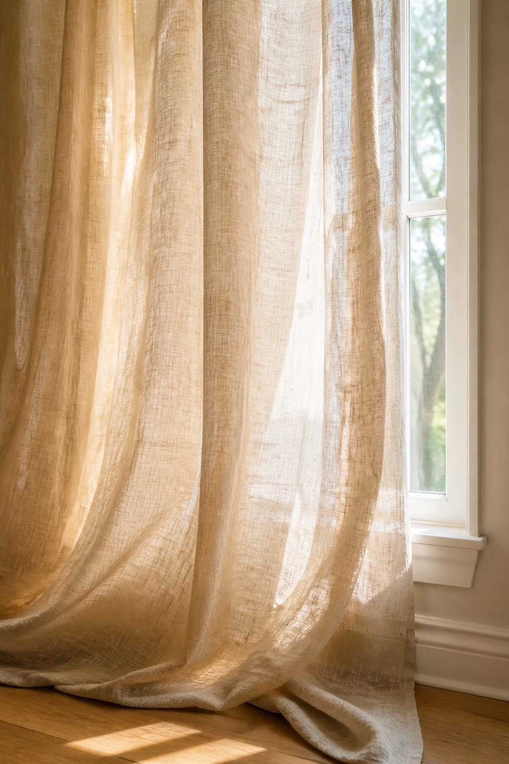 Linen curtains draped over a window in a calm yoga space