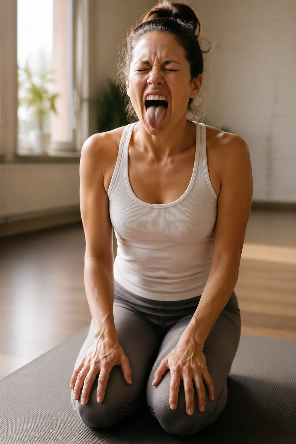 Close-up of a person performing Lion’s Breath in a kneeling seat, exhaling with wide mouth and extended tongue