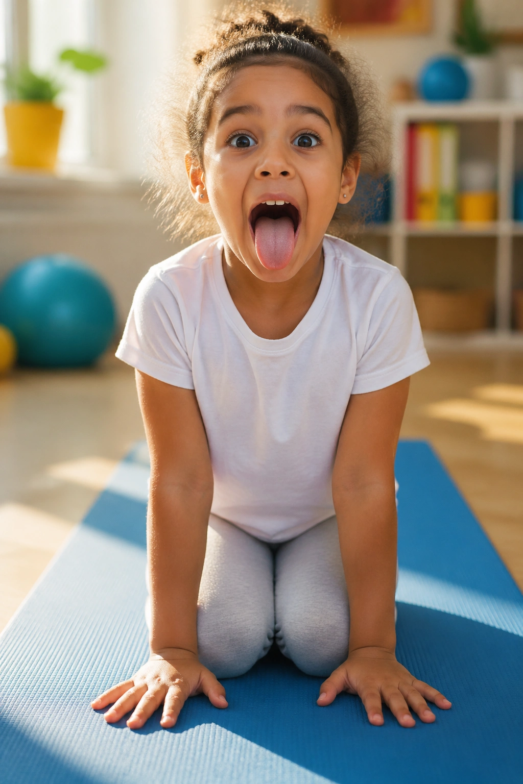 Real child in Lion Pose roaring with tongue out in a bright playroom