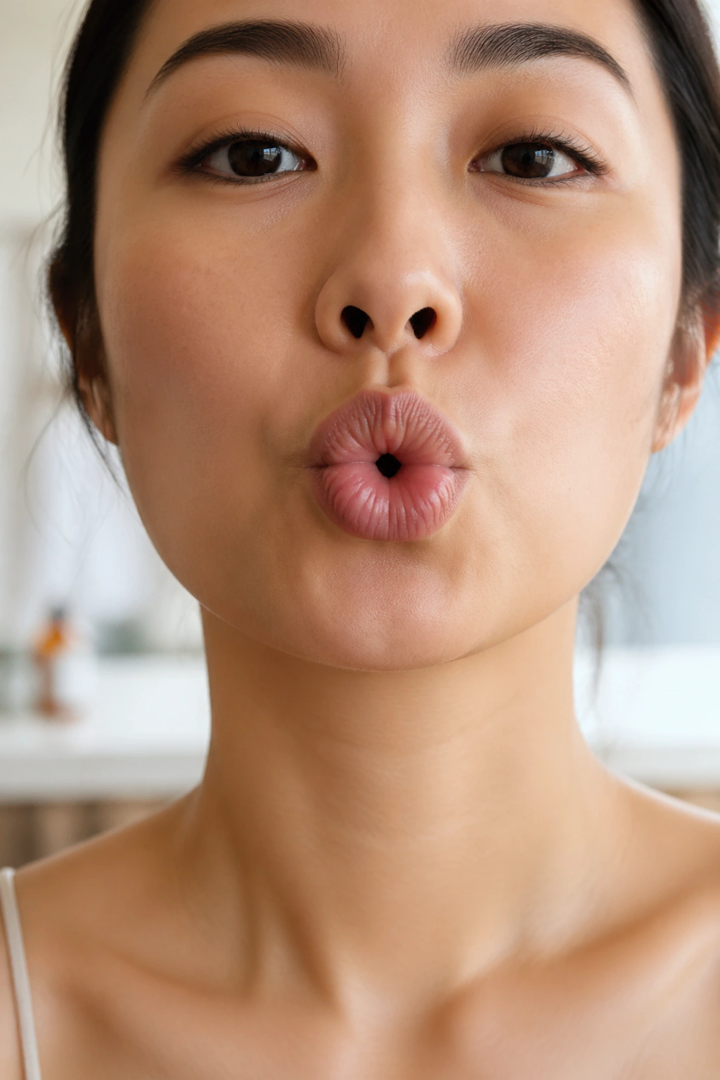Close-up of lips performing Lip Rolls and Pouts exercise.