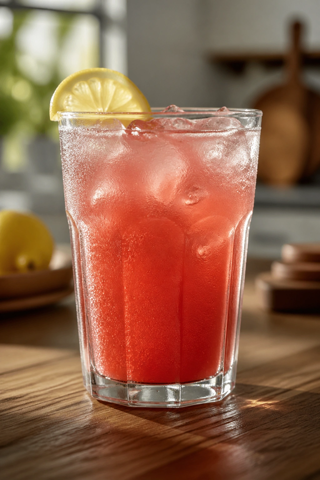 Close-up of a colorful glass beverage on a wooden table with warm kitchen light