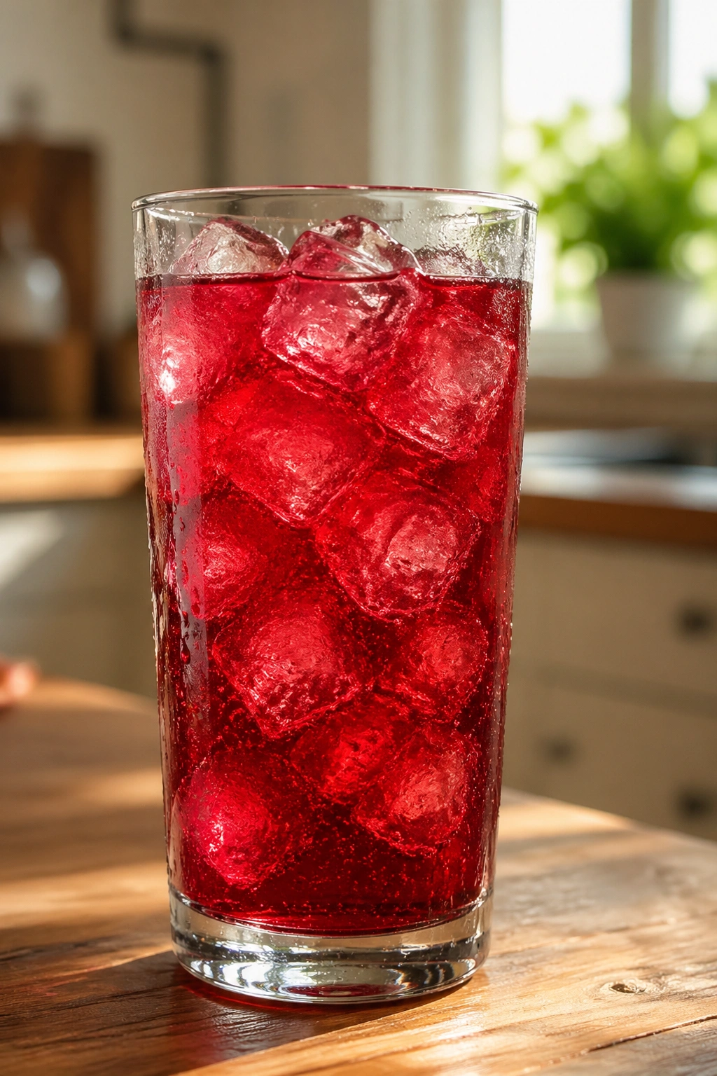 Close-up of a glass of sugary beverage on a kitchen counter, representing liquid calories.