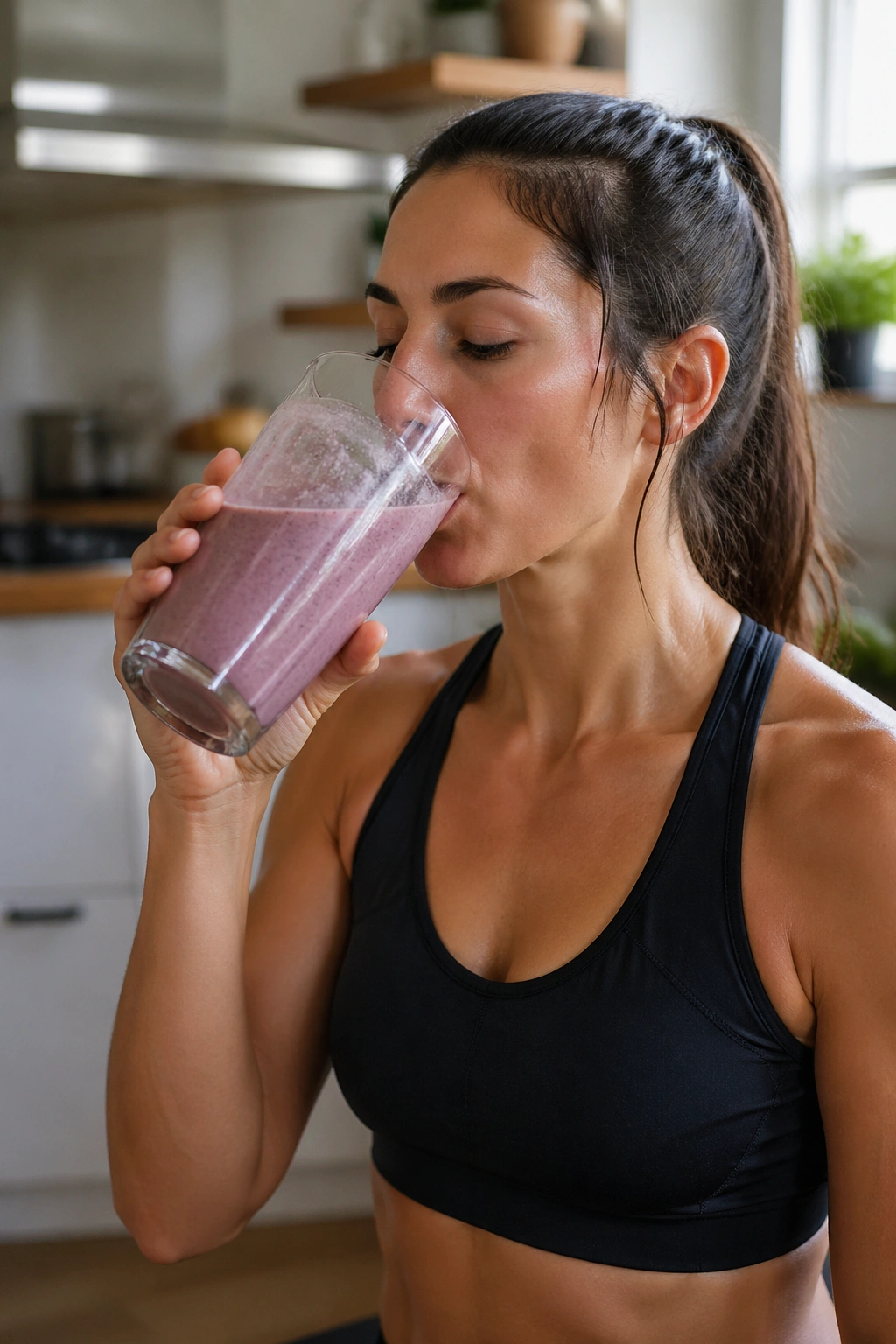 Person drinking a smoothie after training, glass in hand