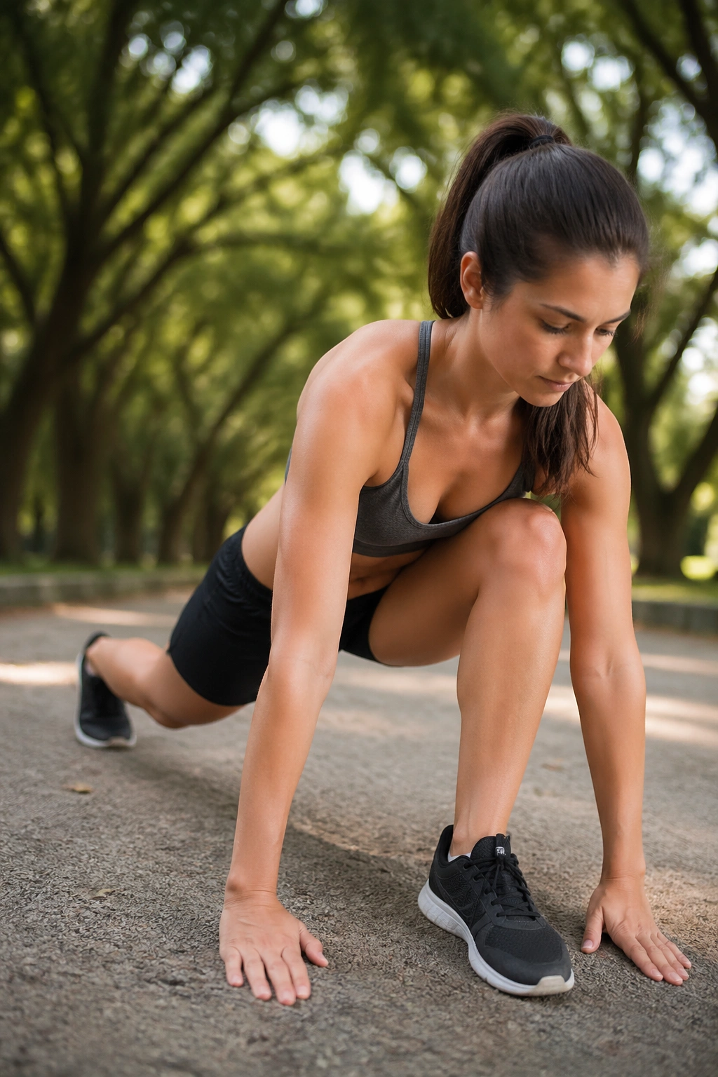 Medium close-up of a person in Lizard Lunge with front knee over ankle on a mat in a park.