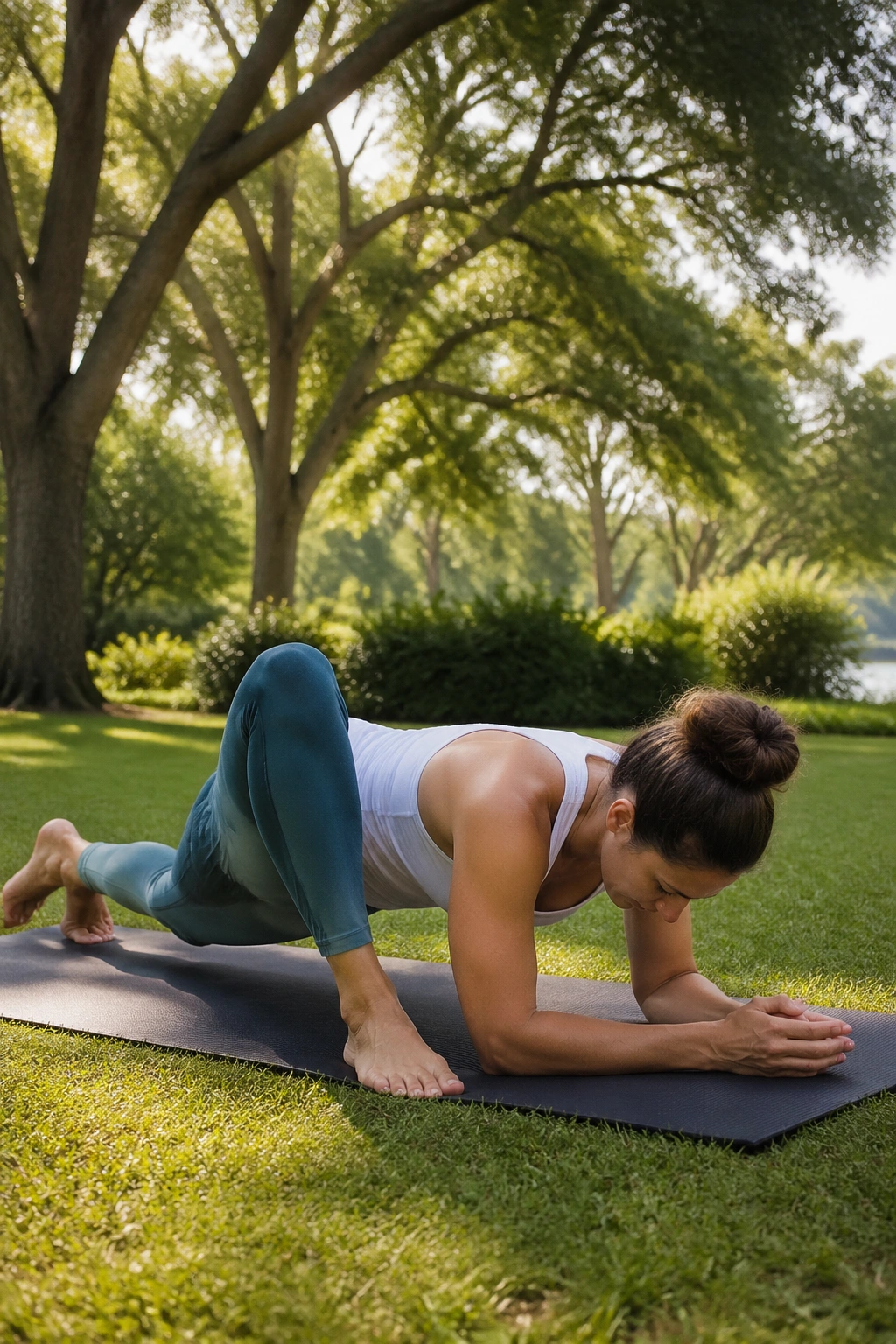 Real person in Lizard Pose with hips open and forearms on the mat