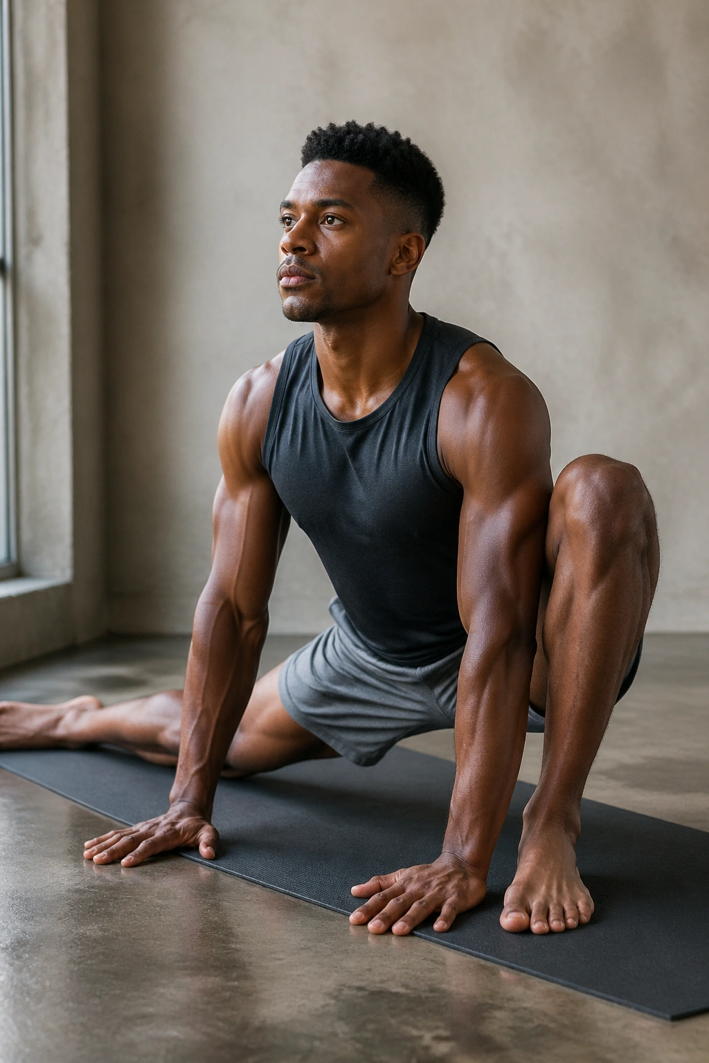 Athlete in Lizard Pose hip opener on a yoga mat