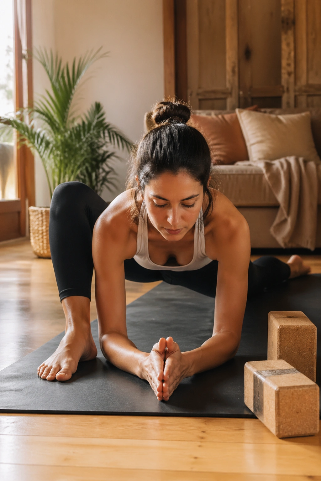 Person in Lizard Pose hip opener with forearms on blocks