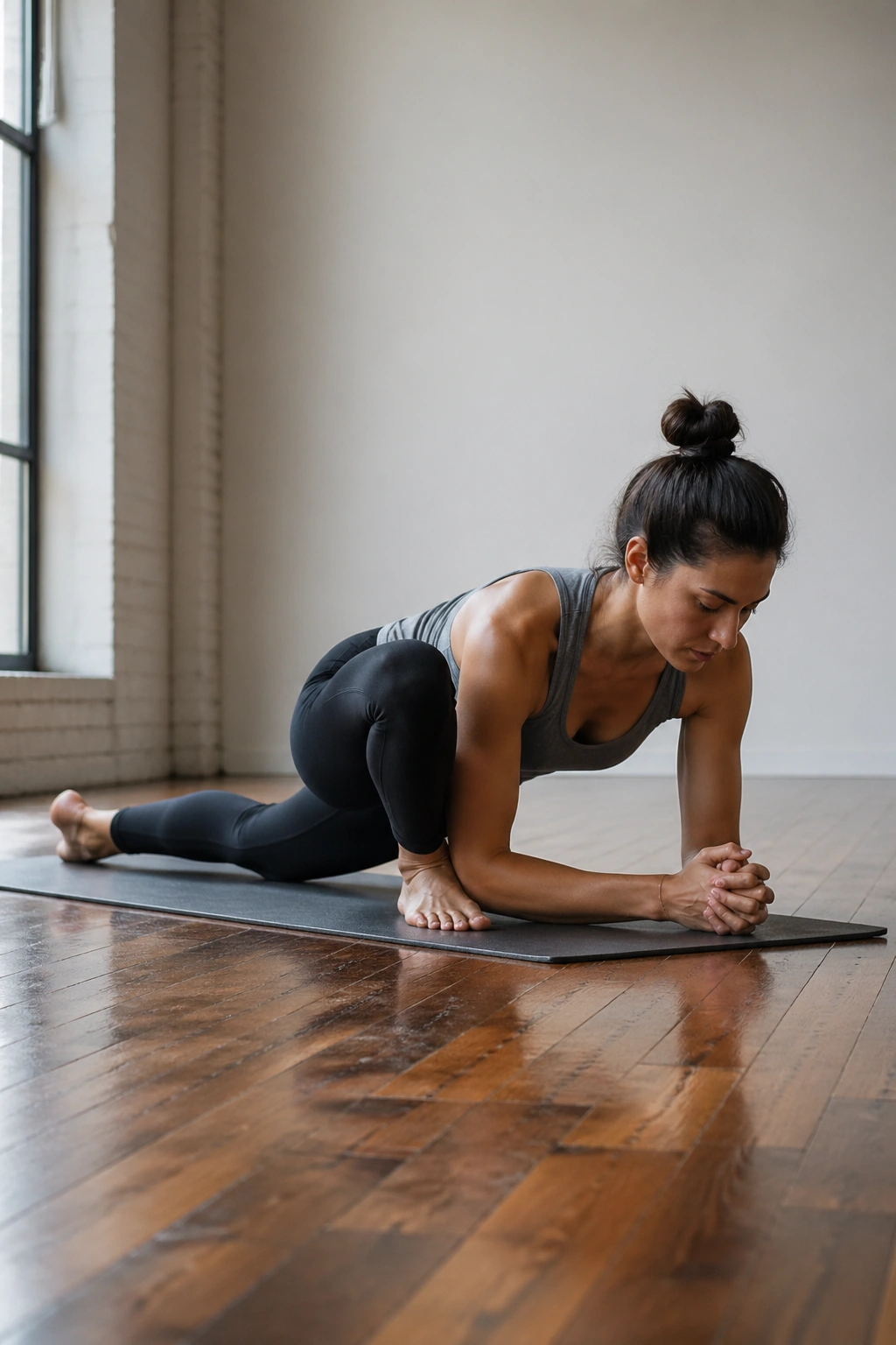 Person in Lizard Pose opening hips and inner thighs on a mat in a calm studio