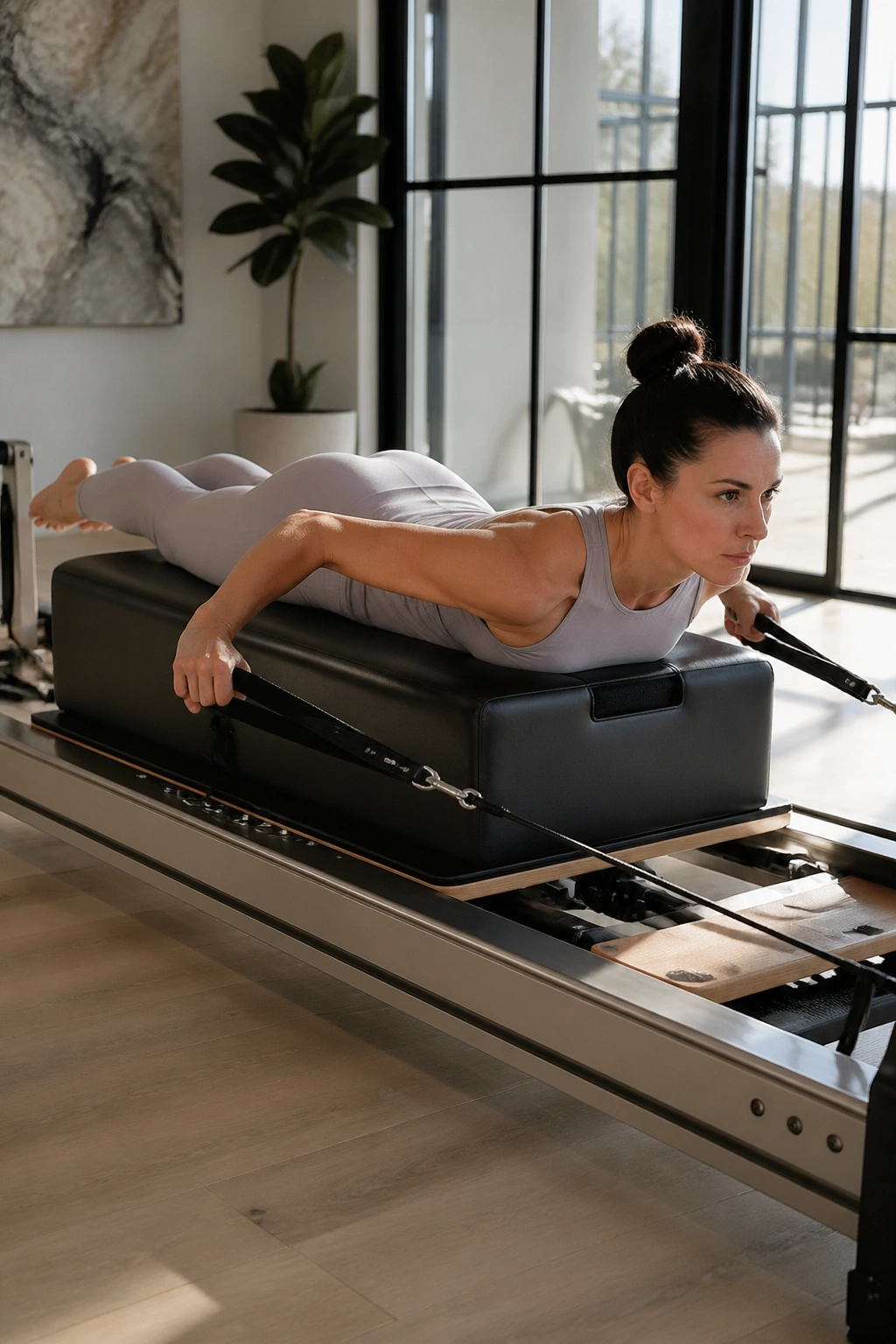 Back view of Long Box Pulling Straps on a reformer with chest off the front edge