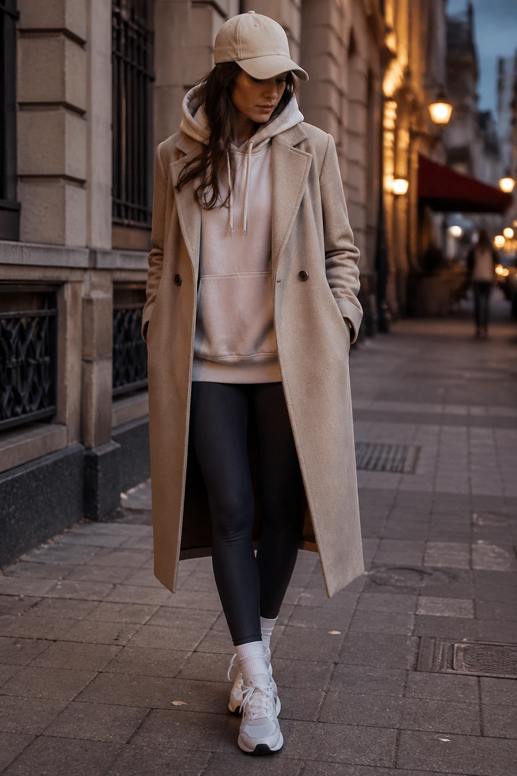 Person in long coat with hoodie and cap on city street
