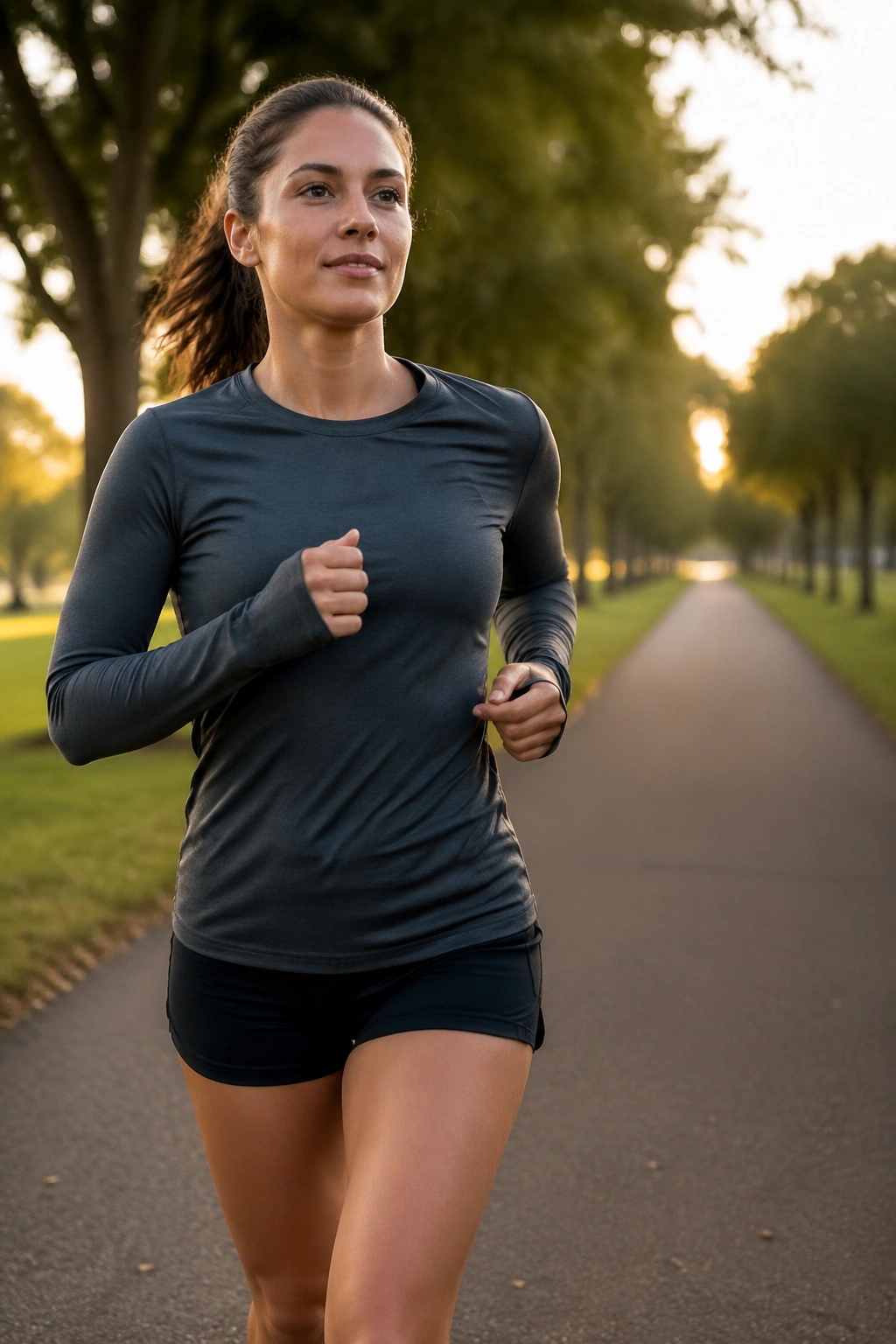 Runner on long easy run along a park path at dawn