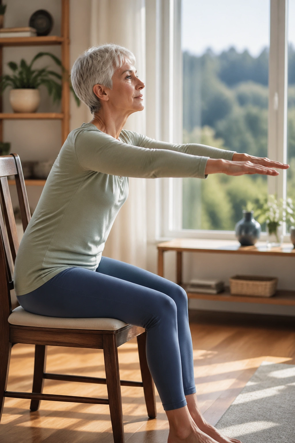 Senior performing long spine reach seated in living room