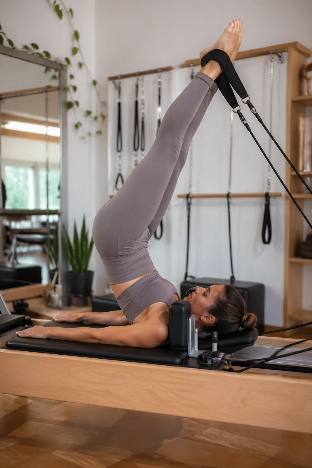 Medium close-up of a person performing Long Spine Stretch on a reformer