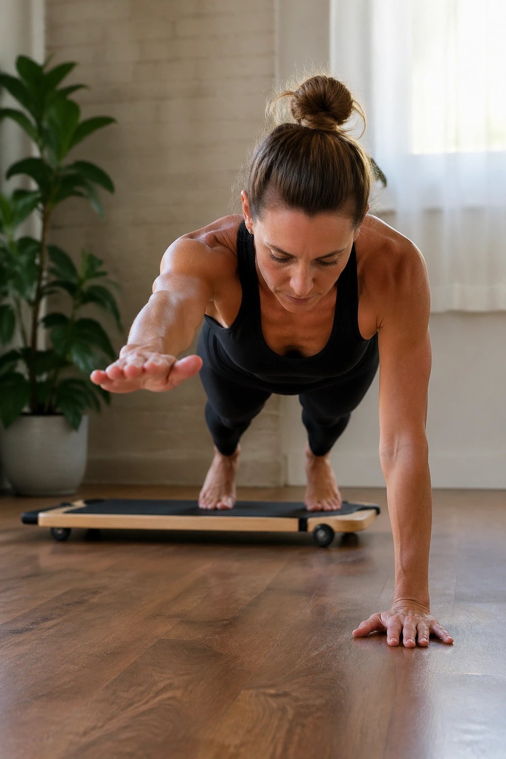 Person in high plank on a Pilates board performing Long Stretch Hold With Alternating Reach.