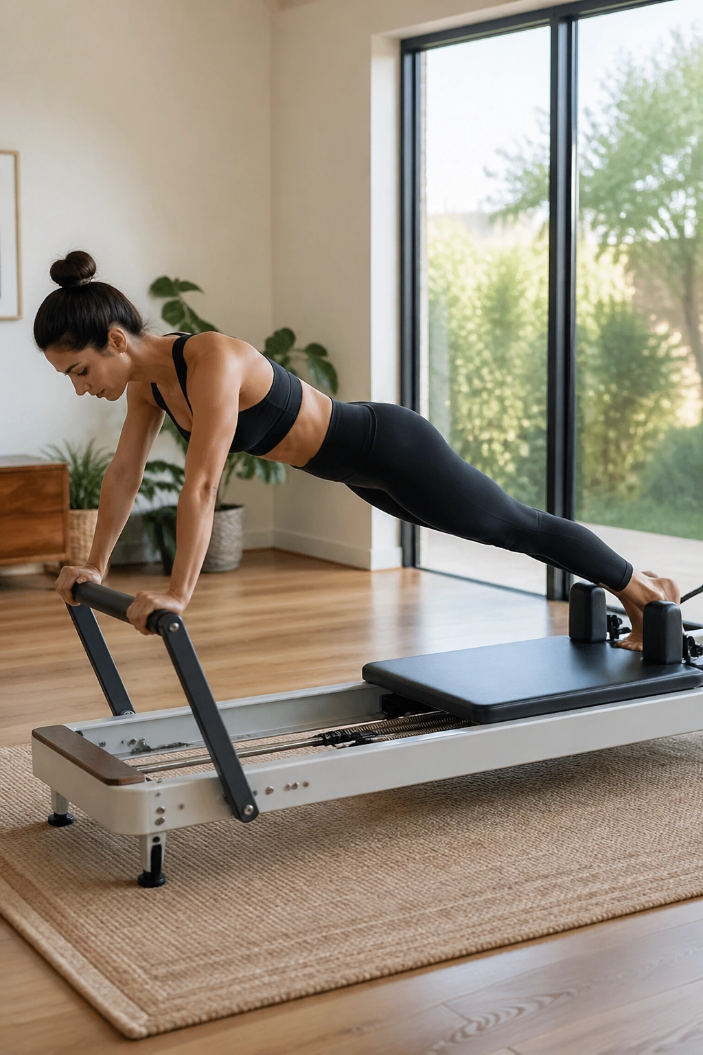 Person in long stretch plank on reformer in a bright home space