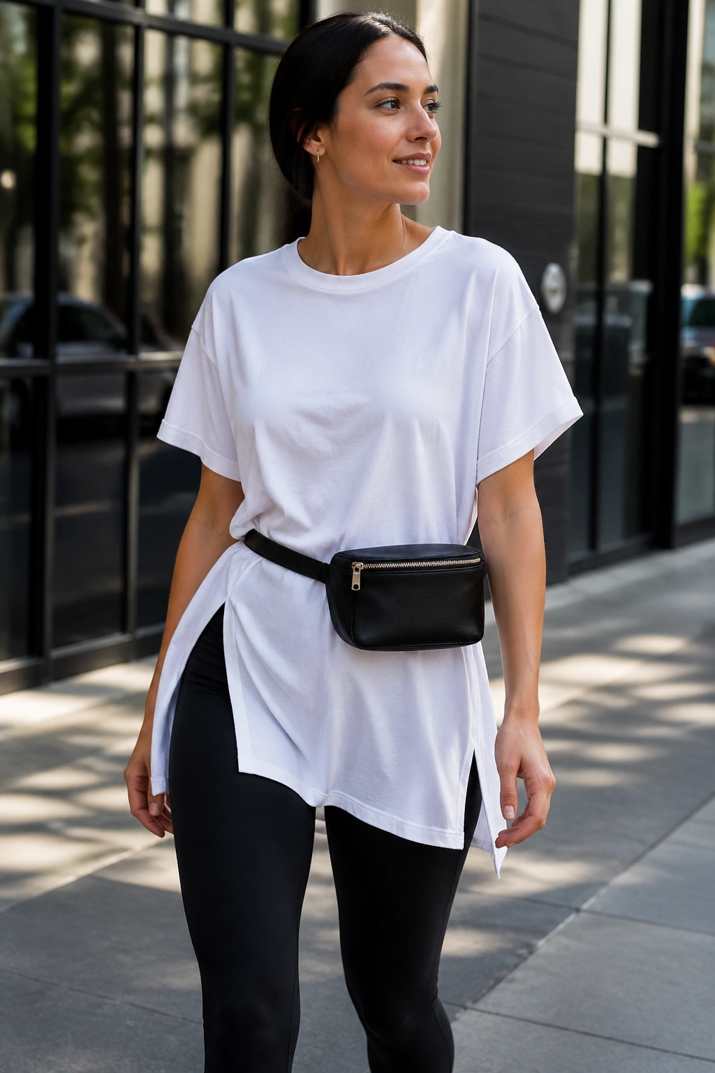 Medium close-up of a person wearing a long tee with a belt bag at the waist outdoors