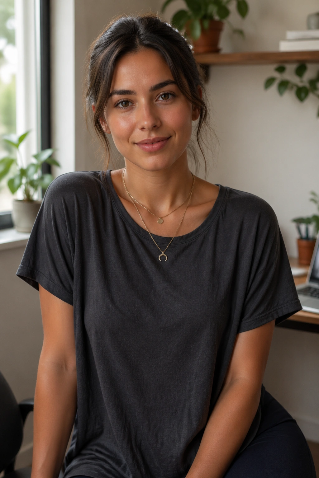 Portrait of a person in a longline tee with layered necklaces and yoga pants in a sunlit home space