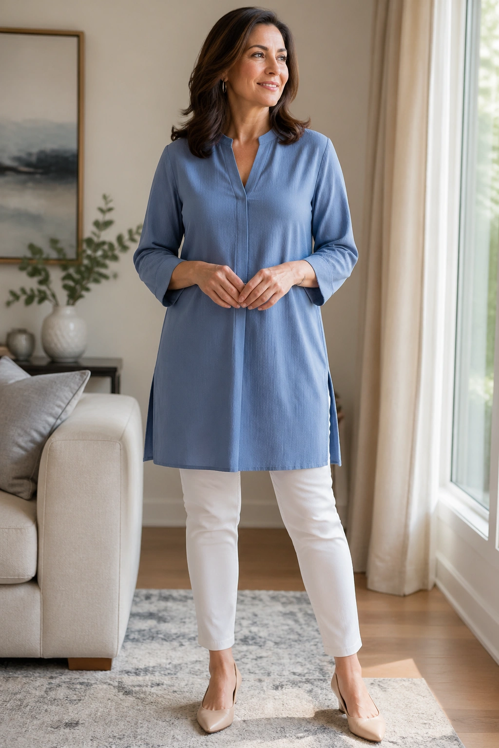 Close-up of a real woman in a longline tunic with side slits and slim pants in a sunlit living room