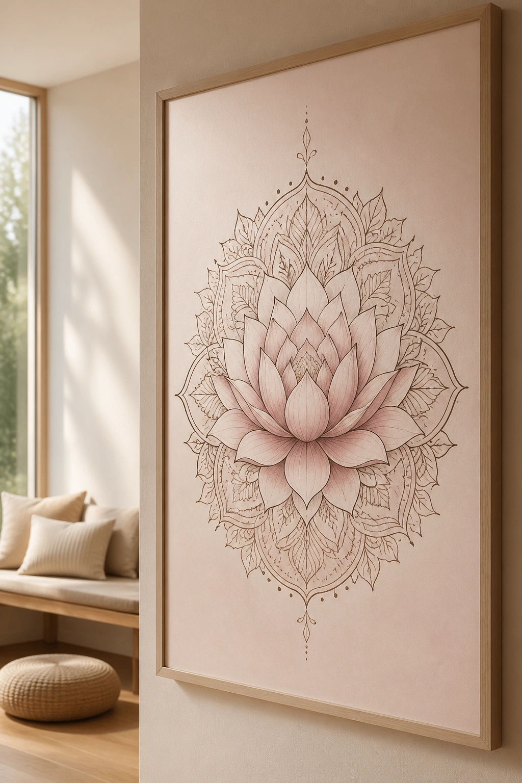 Close-up of a lotus mandala poster on a softly lit wall in a calming yoga room