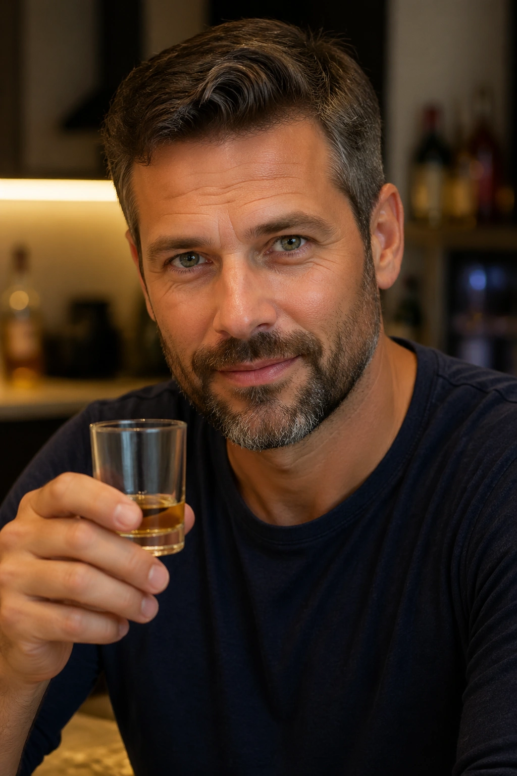 Man holding a small glass of drink in a warm kitchen setting