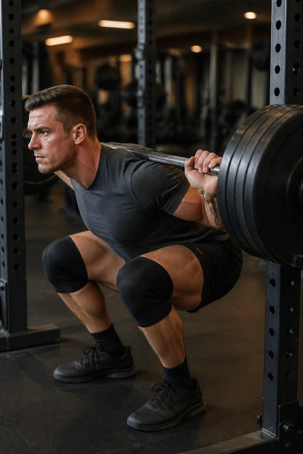 Lifter performing low-bar back squat with bar low on back
