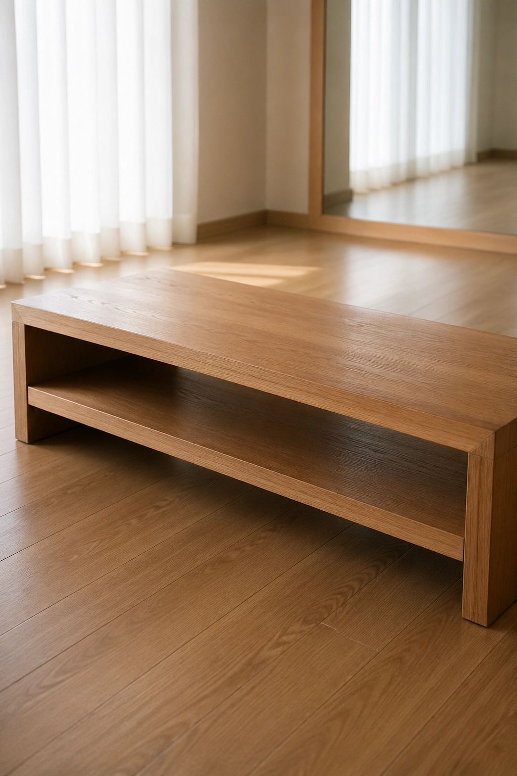 Close-up of a simple wooden low bench in a calm yoga room