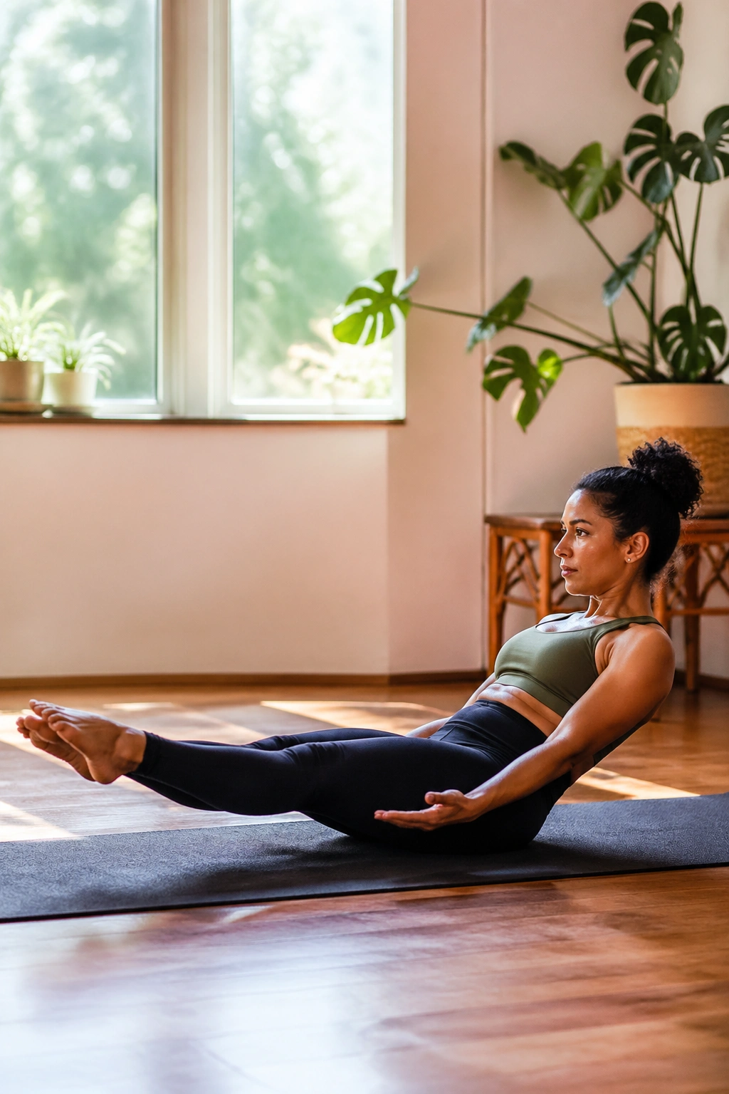 Real person performing Low Boat Pose with core engaged on a yoga mat in a sunlit home studio