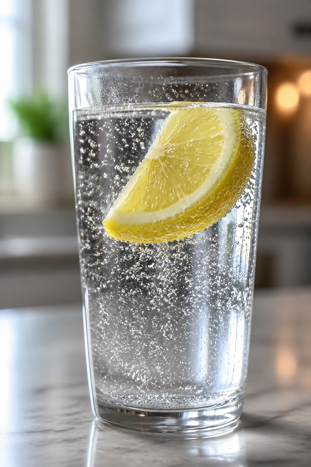 Close-up glass of sparkling water with lemon in a kitchen