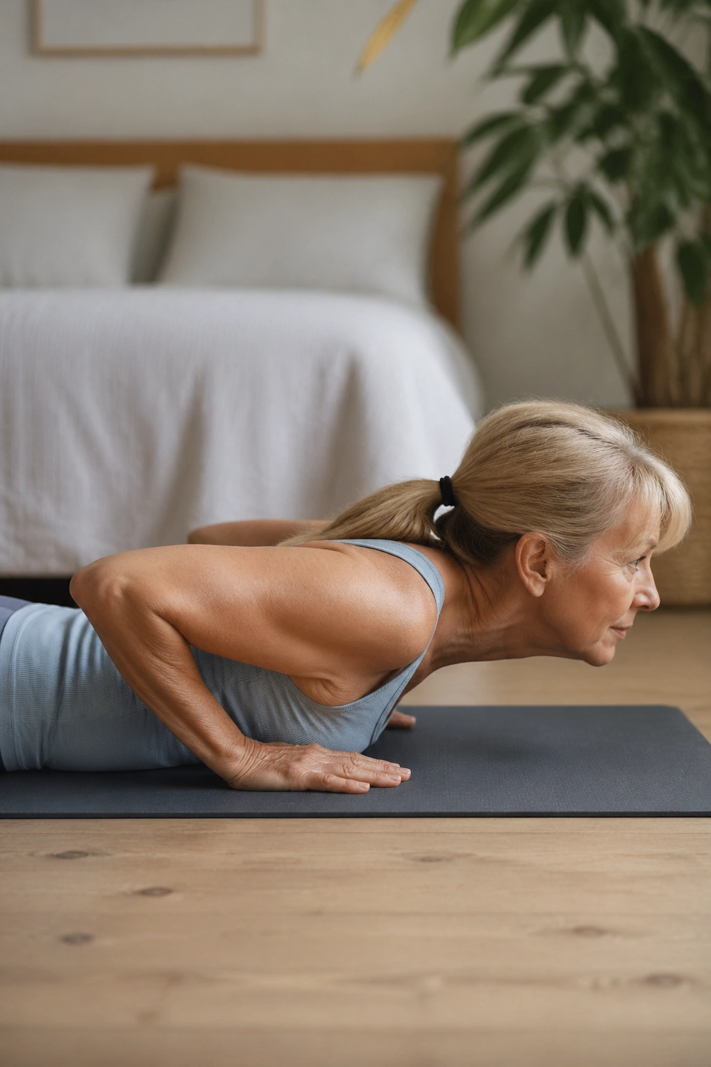 Close-up of a person in Low Cobra, chest lifted with elbows bent.