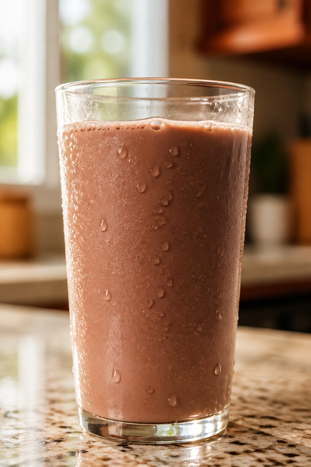 Close-up of a glass of low-fat chocolate milk with condensation on glass in a warm kitchen