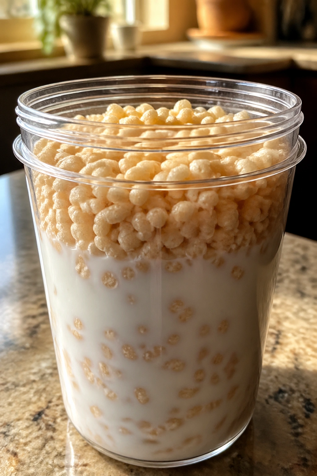 Close-up of a travel cup filled with low-fiber cereal and milk on a kitchen counter