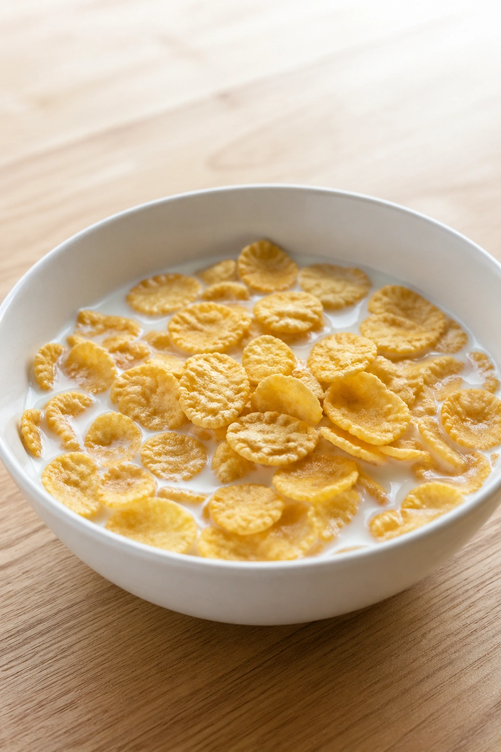 Bowl of low-fiber cereal with milk on a wooden surface in morning light