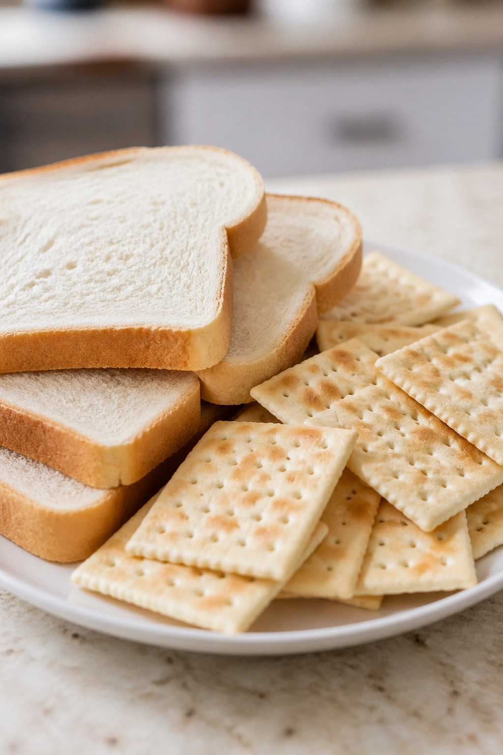 Close-up of a plate with white bread and crackers illustrating low-fiber meals