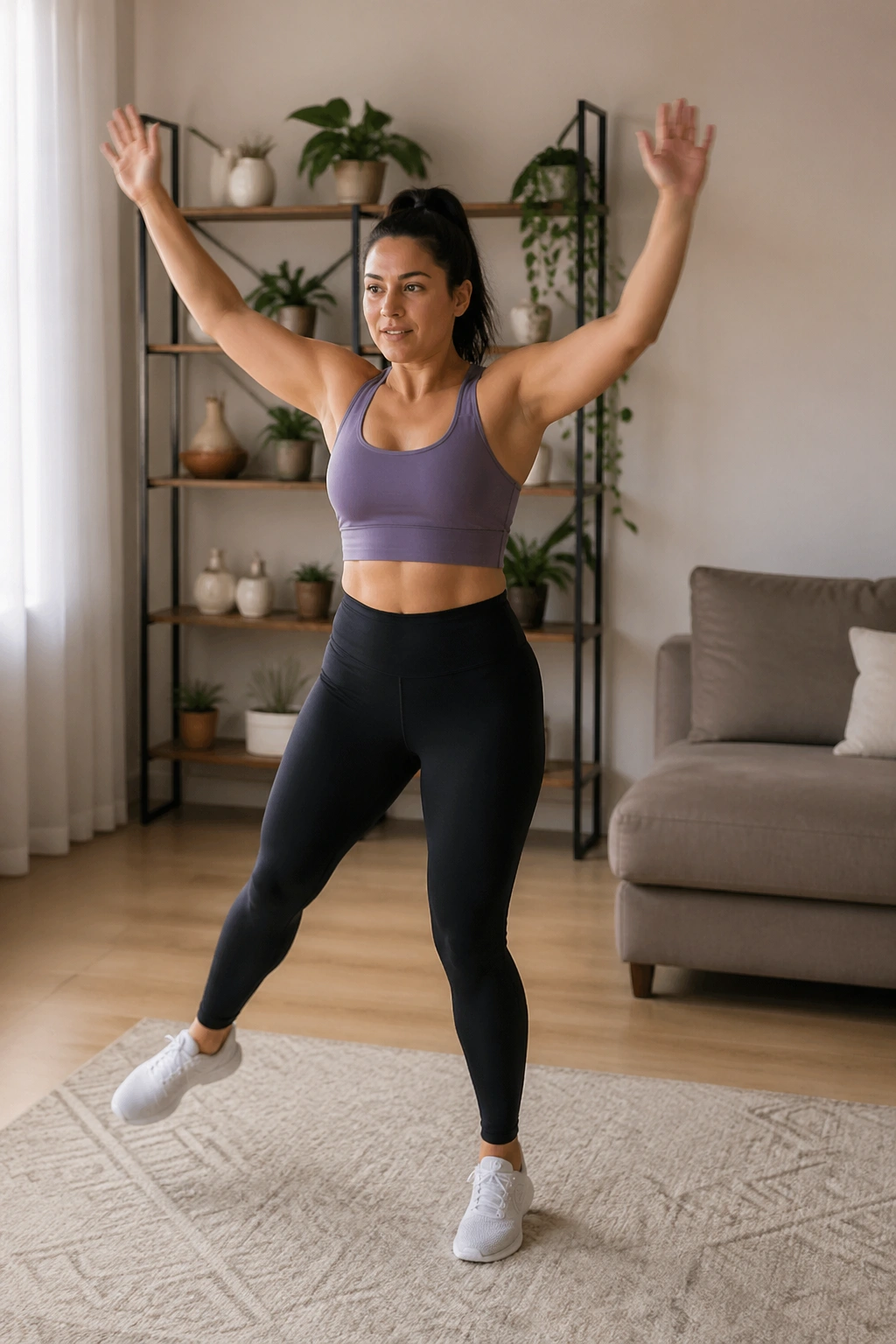 Mid-shot of a person doing low-impact jumping jacks in a home workout area
