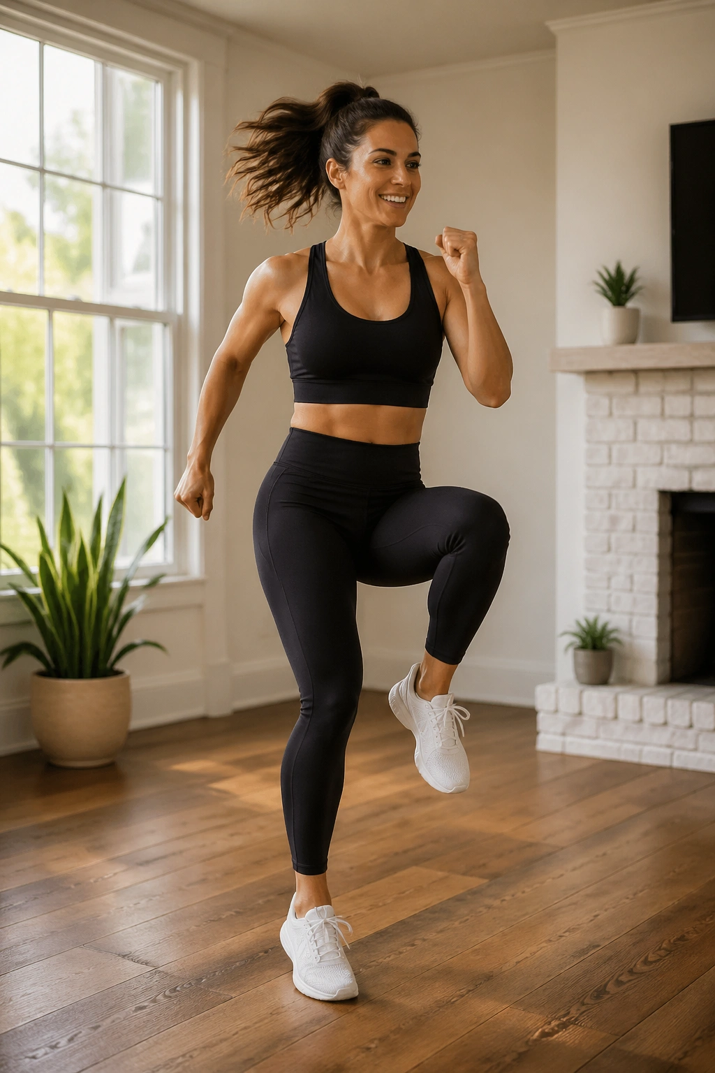 Full-body standing cardio sequence of a person performing low-impact moves