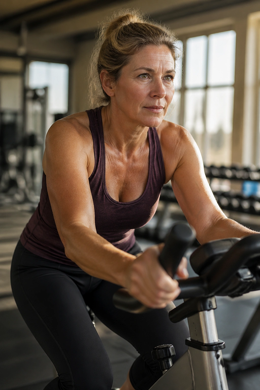 Woman on a stationary bike performing low-impact cardio in a gym