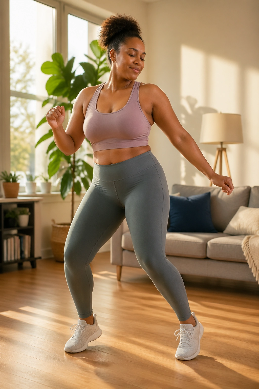 Mid-shot of a real person doing low-impact dance cardio in a sunlit living room