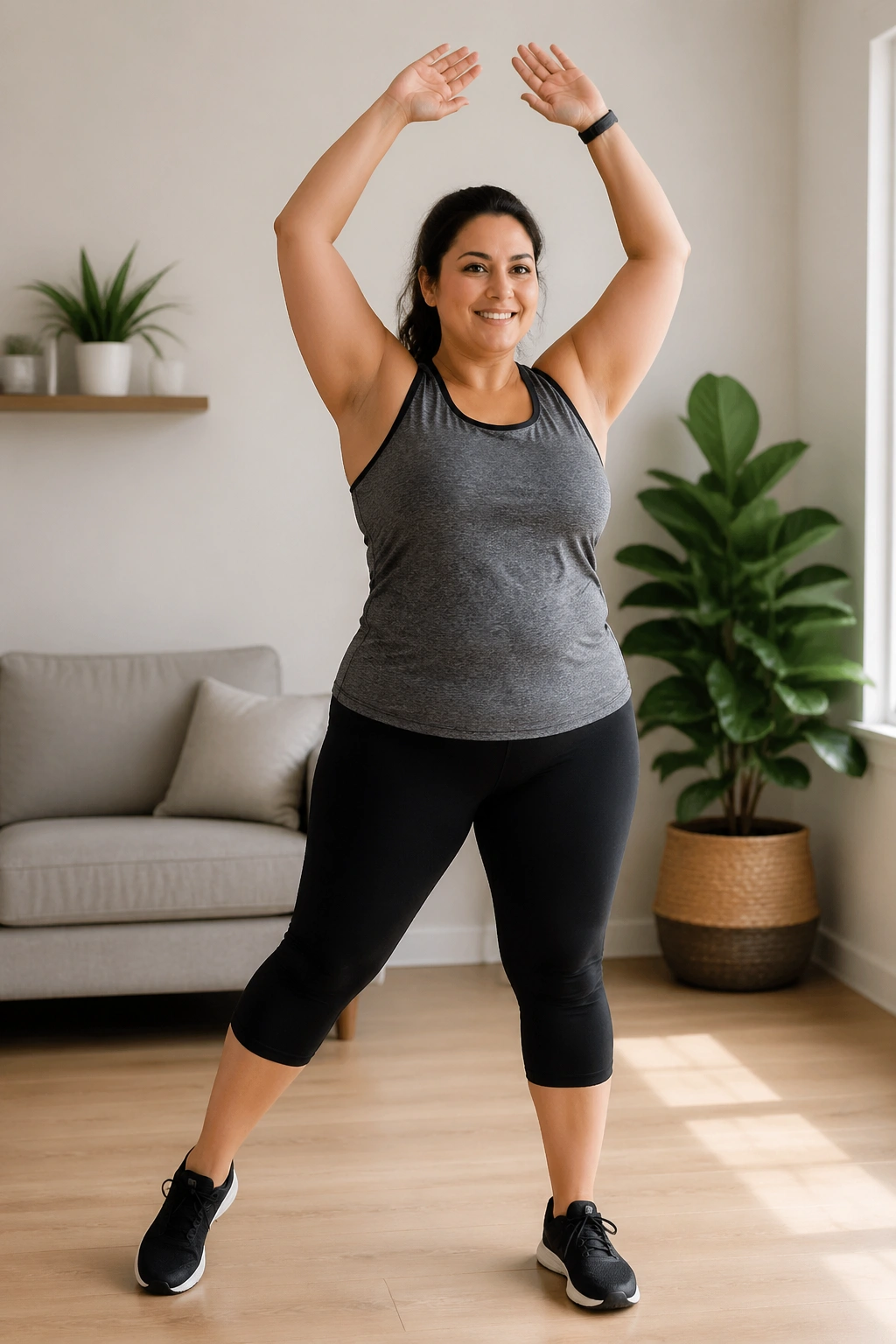 Person doing low-impact jumping jacks in a living room