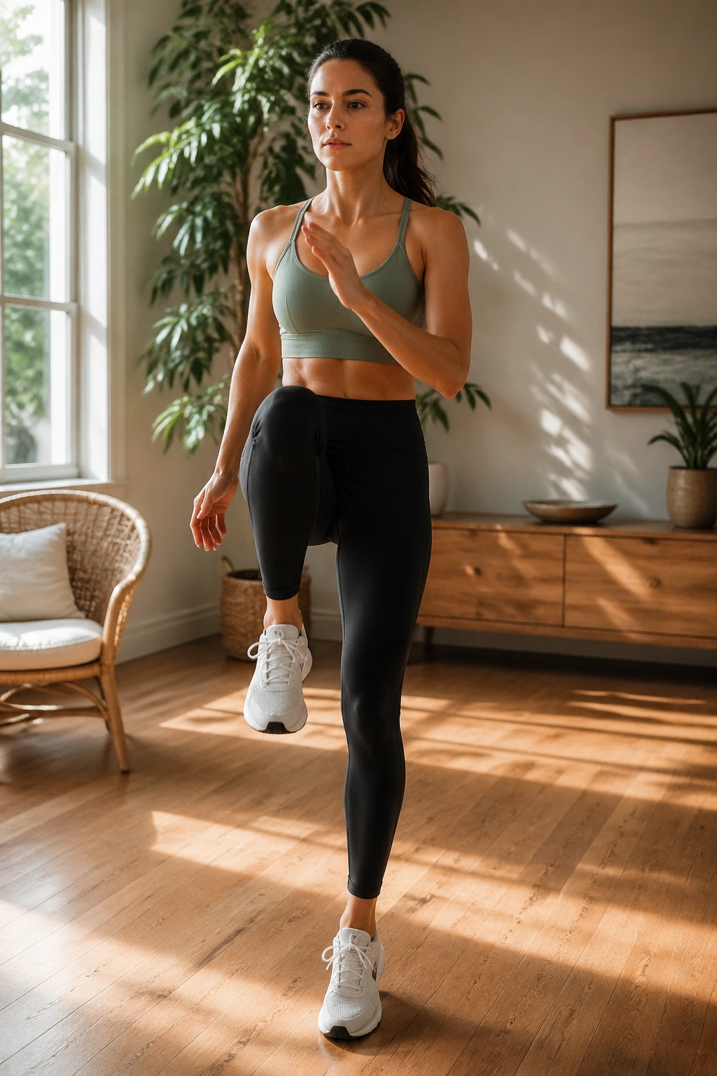 Person performing standing knee lifts in a low-impact cardio pyramid