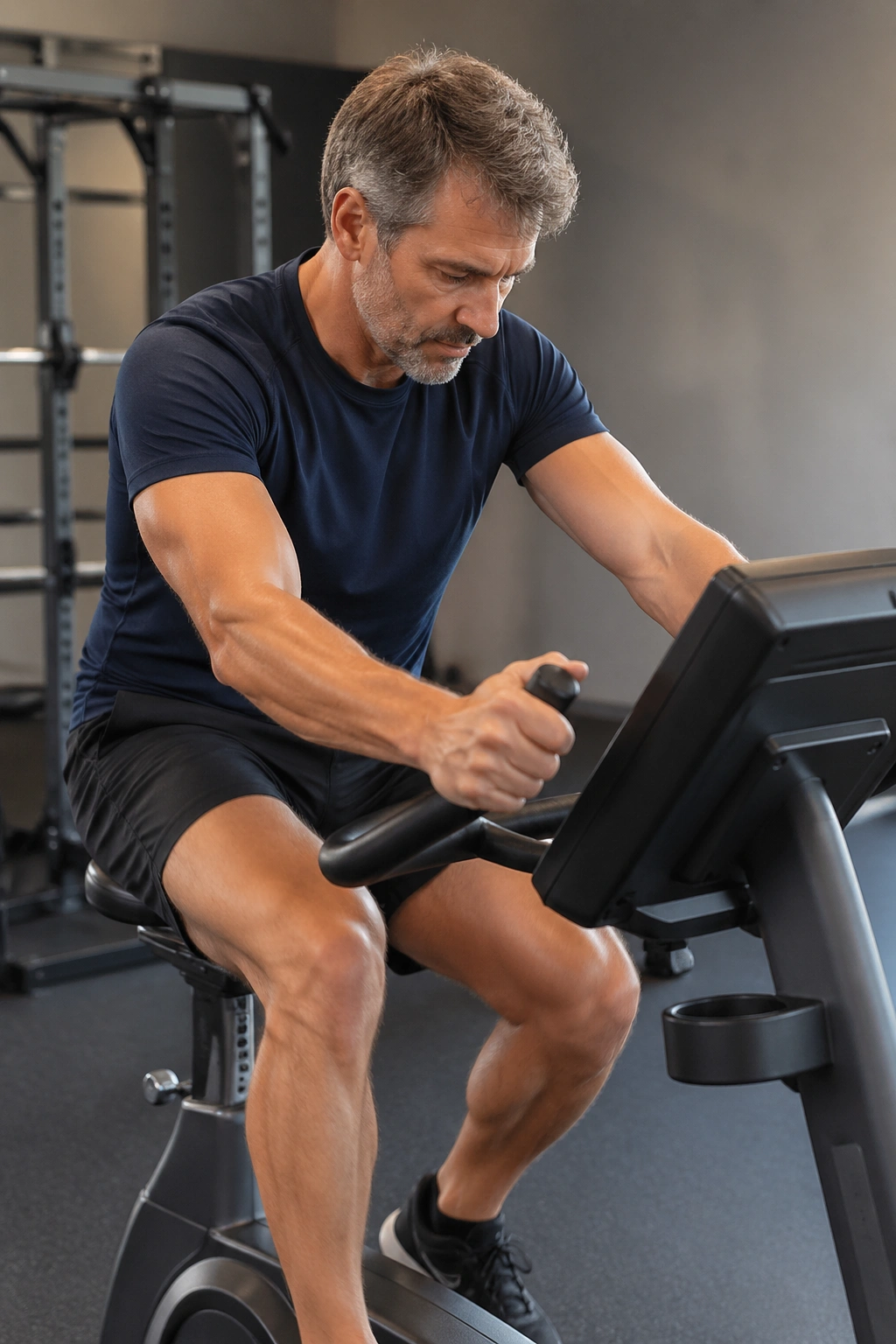 Portrait of a person using a stationary bike for low-impact cardio in a gym
