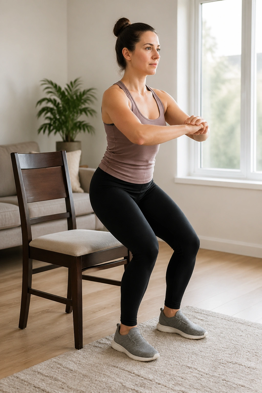 Person performing chair sit-to-stand as part of a low-impact circuit in a living room.